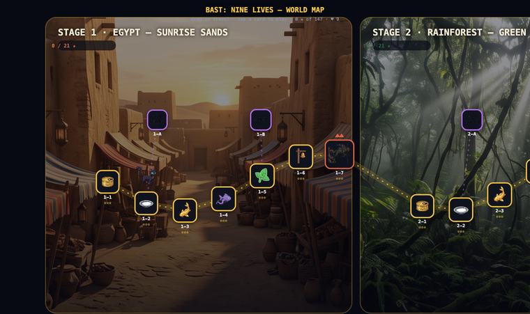 Bast: Nine Lives — browser game world map screen