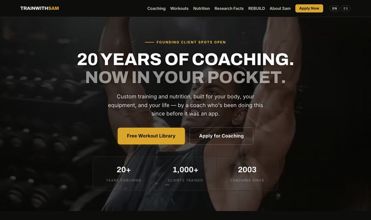 TrainWithSam — fitness coaching platform homepage